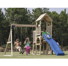 Aire de jeux avec balançoires, toboggan et cabane pour enfants dans le jardin