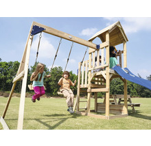 Aire de jeux avec balançoires, toboggan et tour d''escalade dans le jardin