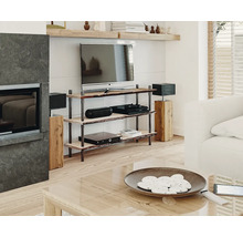 Salon avec télévision, chaîne hi-fi et table basse