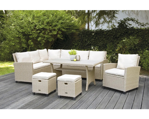 Salon dining d'angle bellavista - Home & Garden Prato rotin synthétique Ensemble de jardin avec canapé en rotin, fauteuil, table et tabourets sur une terrasse