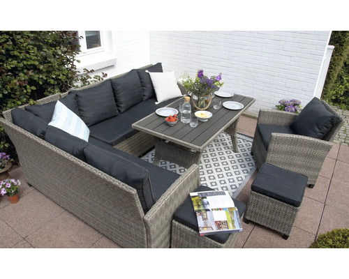 Salon dining d'angle bellavista - Home & Garden Prato rotin synthétique gris Ensemble de mobilier de jardin avec table, canapé d''angle, fauteuil et tabouret sur une terrasse