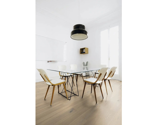 Heller Raum mit Esstisch mit Glasplatte und Holzstühlen