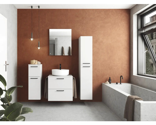 Salle de bains moderne avec lavabo, armoire de toilette, armoire haute et baignoire