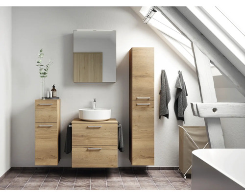 Ensemble de meubles de salle de bains NOBILIA Modern lxhxp 140 x 169,1 x 49 cm couleur de façade chêne clair avec armoire de toilette à éclairage LED meuble bas armoire midi poignée chrome mat 631