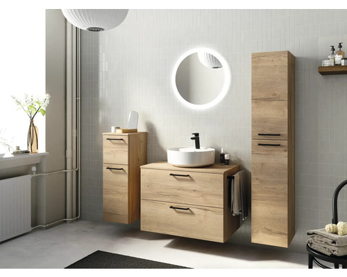 Modernes Badezimmer mit Waschtischunterschrank, Seitenschrank, Spiegelschrank und Aufsatzwaschbecken in Holzoptik