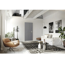 Heller Wohnraum mit grauer Innentür, Sessel, Sofa und Dekoration