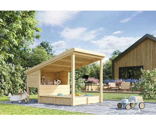 Bac à sable couvert avec fonction maison de jeu dans le jardin