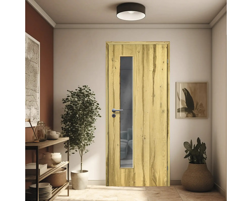 Porte intérieure en bois avec insert en verre dans un couloir lumineux
