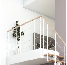 Escalier avec rambarde blanche et main courante en bois dans un intérieur lumineux.