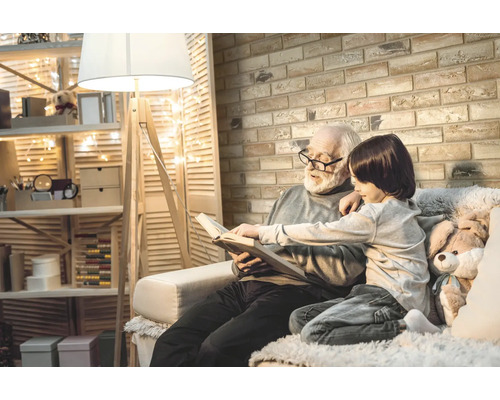 Un grand-père lit un livre avec son petit-fils dans une pièce confortable avec des étagères, un lampadaire et un mur de briques.