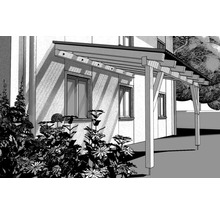 Illustration einer Holzpergola an einem Haus mit Pflanzen im Vordergrund.