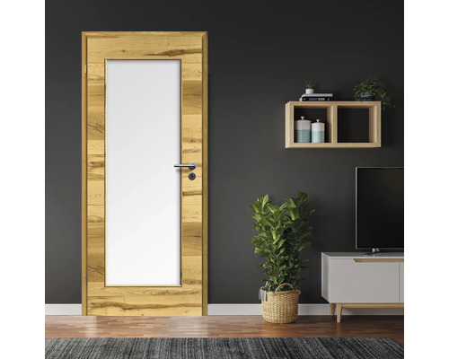Porte intérieure en bois avec insert en verre dans un salon lumineux et aménagé de manière moderne