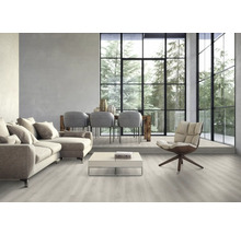 Espace de vie lumineux avec canapé, chaises, table et grande fenêtre donnant sur des arbres.