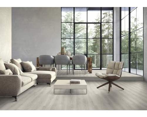 Espace de vie lumineux avec canapé, chaises, table et grande fenêtre donnant sur des arbres.