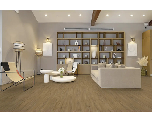 Espace de vie lumineux avec parquet, bibliothèque, canapé et fauteuils