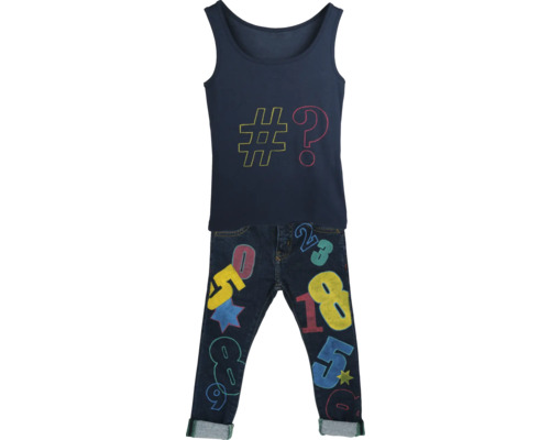 Ensemble composé d''un débardeur et d''un jean avec des chiffres et des symboles