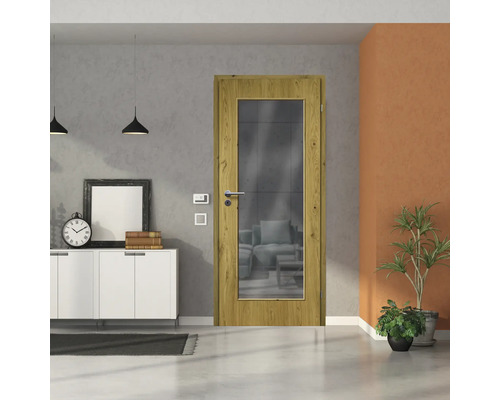 Porte en bois avec insert en verre dans un espace de vie moderne