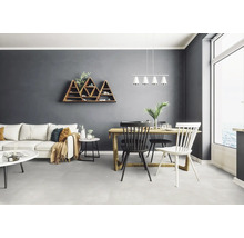Salon avec canapé, table de salle à manger, chaises et étagère murale triangulaire