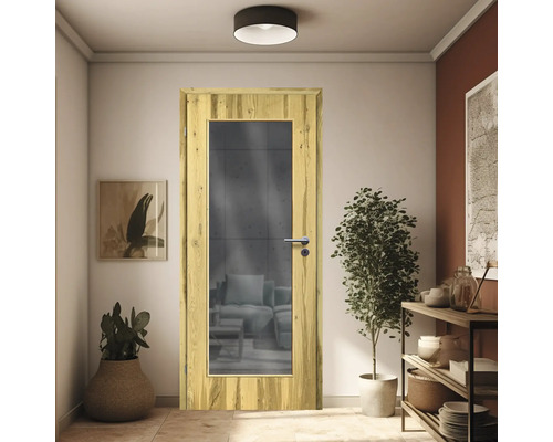 Porte en bois avec insert en verre dans un couloir lumineux