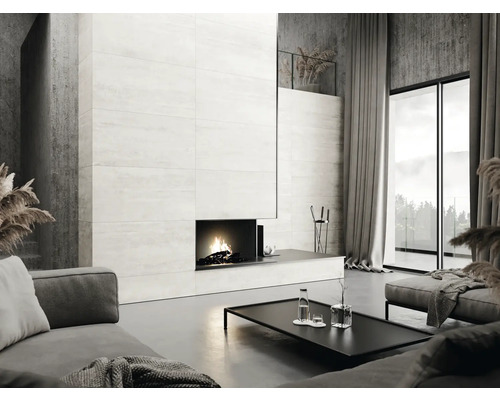 Wohnzimmer mit Kamin, Fliesenwand, Sofa und Fensterfront für ein modernes Wohnambiente.