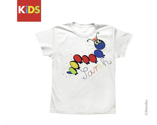 Weißes Kinder T-Shirt mit Raupenmotiv und dem Namen Sarah.