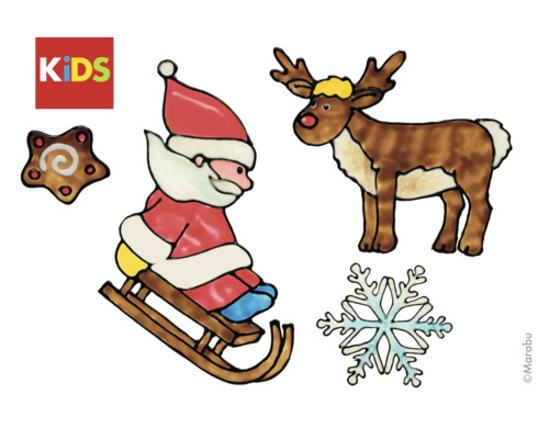 Marabu Kids Fensterbilder mit Weihnachtsmotiven, inklusive Weihnachtsmann auf Schlitten, Rentier, Stern und Schneeflocke