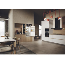 Cuisine moderne avec réfrigérateur intégré, coin repas et kitchenette