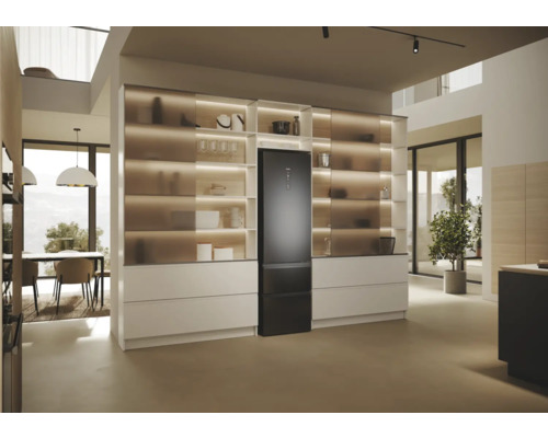 Cuisine moderne avec réfrigérateur intégré et étagères éclairées