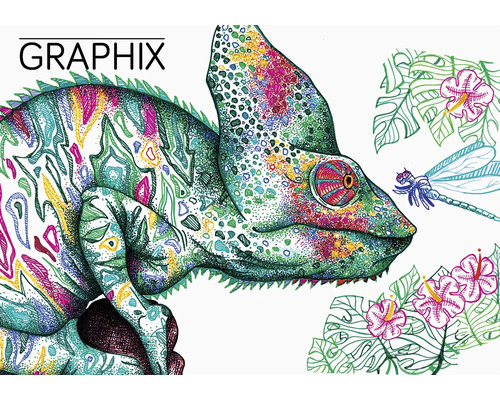 Illustration eines Chamäleons mit Insekten und Pflanzen