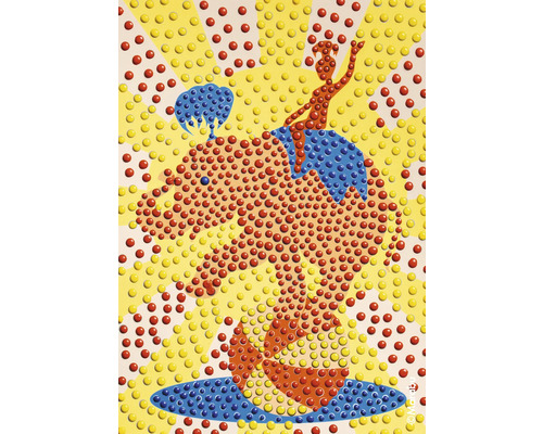 Abstraktes Gemälde mit Punktmuster, das eine stilisierte Figur auf einer Wolke, einen Baum und eine stilisierte Landschaft darstellt.