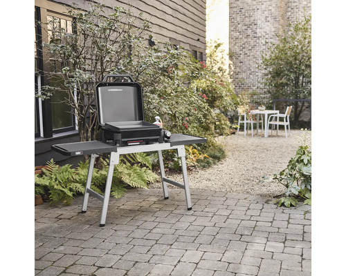 Barbecue à gaz Weber sur un terrain de jardin avec des dalles en pierre