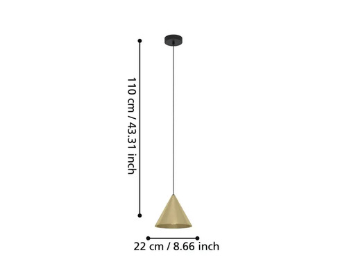 Suspension avec abat-jour conique et dimensions de 110 cm de longueur et 22 cm de diamètre
