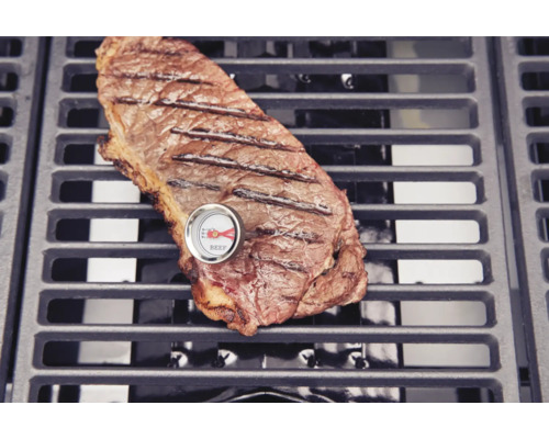 Gegrilltes Steak mit Fleischthermometer auf einem Grillrost
