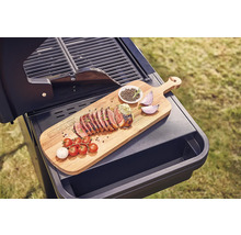 Grill mit Holzbrett, gegrilltem Fleisch, Tomaten, Knoblauch, Zwiebeln und Gewürzen
