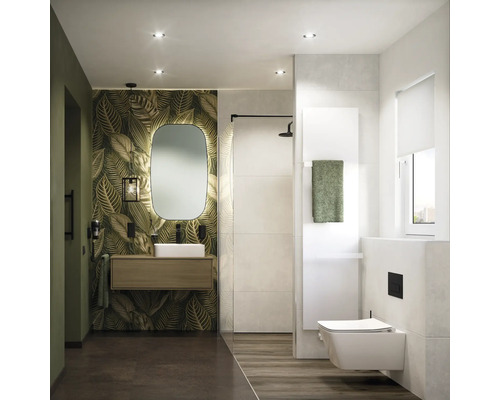 Salle de bain lumineuse avec lavabo, miroir, toilettes et douche