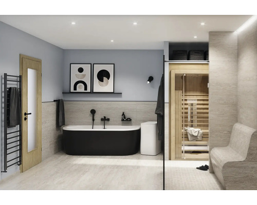 Modernes Badezimmer mit freistehender Badewanne, Sauna und Handtuchwärmer.