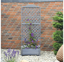 Jardinière grise avec treillis devant un mur de briques, plantée de fleurs violettes et blanches.