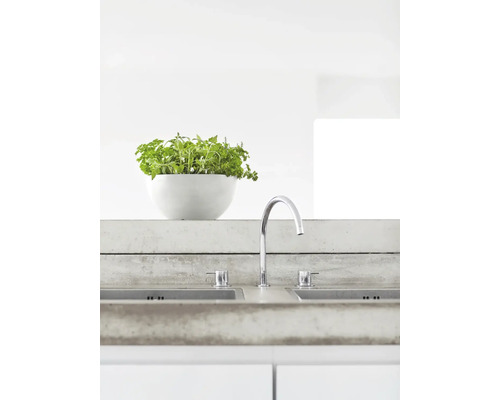 Spültisch mit Armatur, Spülbecken und Kräutertopf