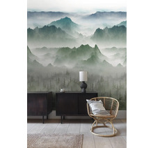 Wohnraum mit Landschaftstapete, Sideboards und Rattansessel