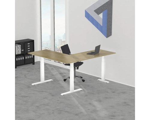 Büro mit höhenverstellbarem Eckschreibtisch, Bürostuhl und Regal.