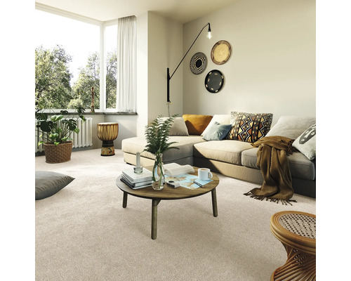 Wohnzimmer mit Teppich, Sofa, Tisch und Dekorationen