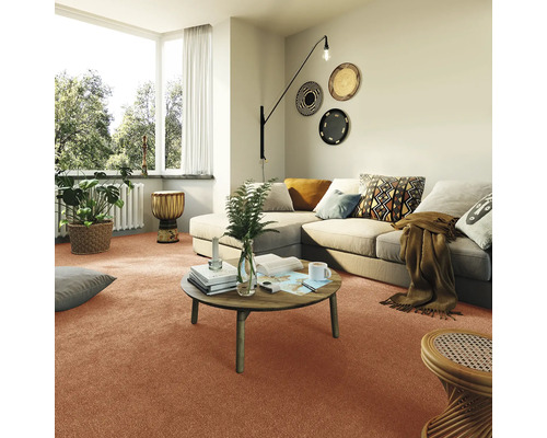 Wohnzimmer mit Teppichboden, Sofa, Couchtisch und Dekorationen für eine gemütliche Atmosphäre