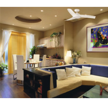 Salon avec ventilateur de plafond, canapé, table à manger et kitchenette