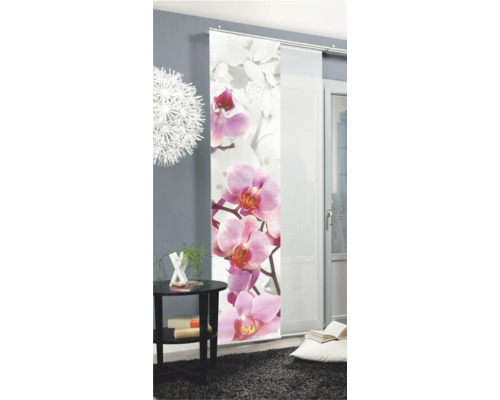 Panneau japonais décoratif avec motif d''orchidées dans un salon.