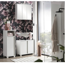Salle de bains moderne avec décor floral, lavabo, armoire de toilette et cabine de douche
