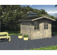 Scène de jardin avec abri de jardin en bois et mobilier de jardin