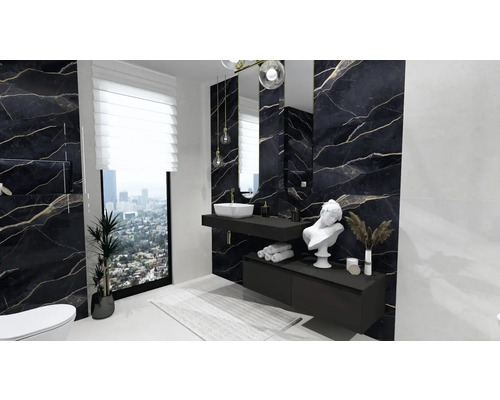 Salle de bain moderne avec marbre noir, lavabo et grande fenêtre