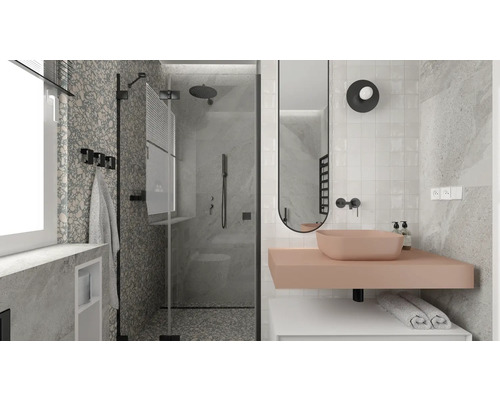 Salle de bain avec douche, lavabo et miroir