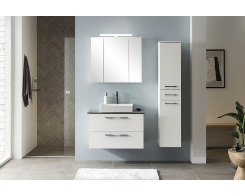 Salle de bains moderne avec meuble sous-lavabo, armoire de toilette et armoire haute