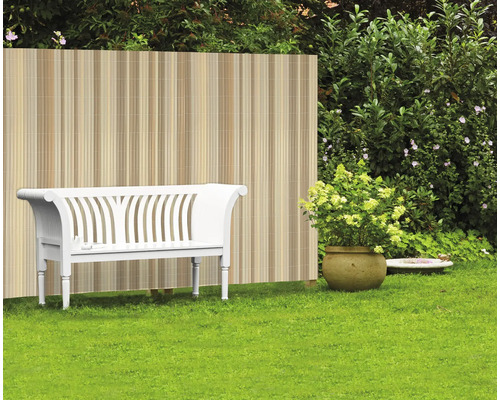 Gartenszene mit Sichtschutzzaun, Gartenbank und Pflanze